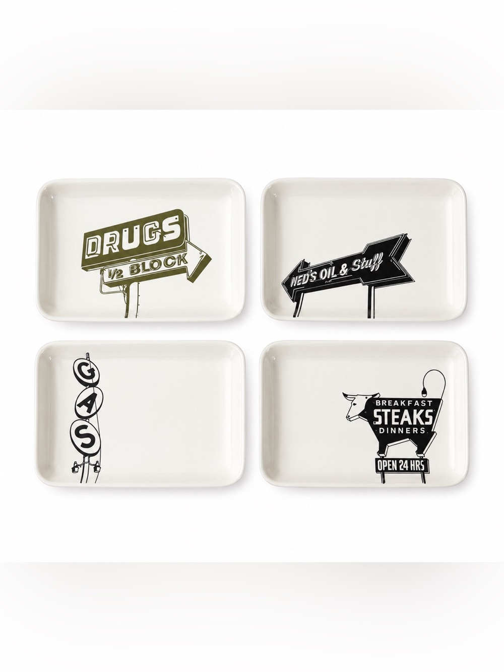 Bobs Your Uncle NEW in Box Melamine Serving Trays Set of 4 -Retro-roadside signs